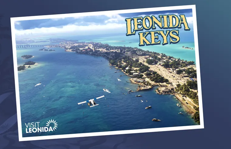 Postal de Leonida Keys: cayos e hidroaviones sobre agua turquesa.