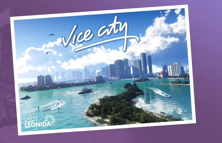 Postal de Vice City: la bahía y los rascacielos desde el aire.