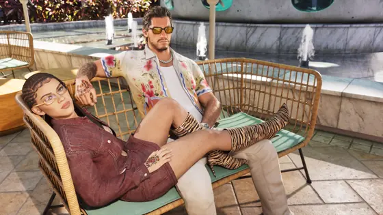 Jason y Lucia con conjuntos de estilo Vice City junto a una piscina.